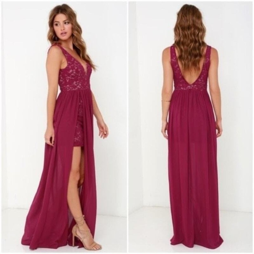 Lulus Maxi Dress Womens Small Burgundy Excellent Lace Chiffon Slit Prom Formal